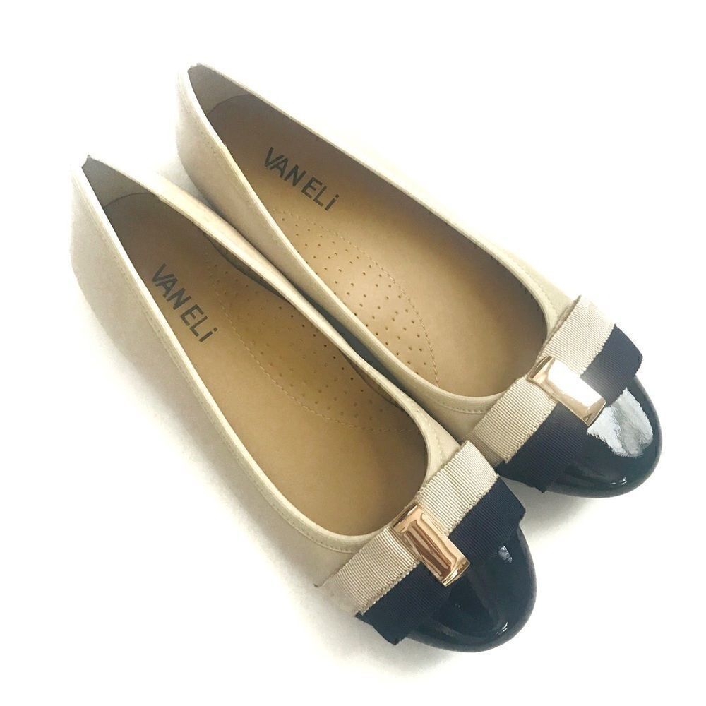 Vaneli Cream/Black Leather Ballerina Flats